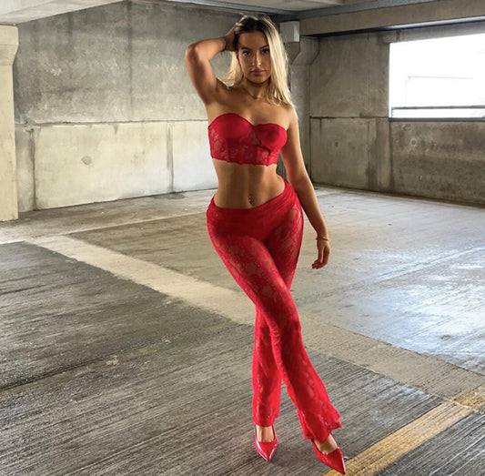 See Through Lace Red 2 Piece Set Tube Top and Flare Pants Sexy Nightclub Summer Outfits for Women 2024