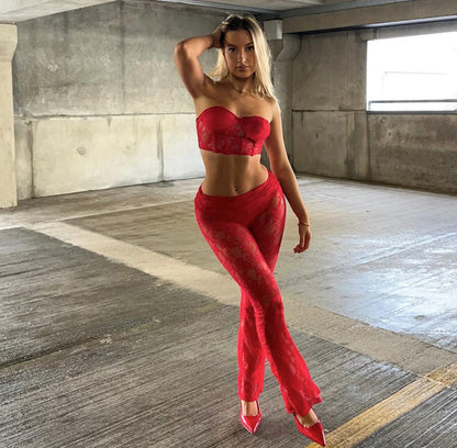 See Through Lace Red 2 Piece Set Tube Top and Flare Pants Sexy Nightclub Summer Outfits for Women 2024